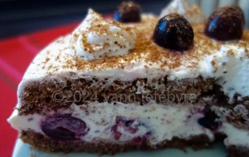 Black forest cake : cocoa sponge cake, whipped cream and cherries.