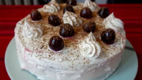 Classic Black Forest cake: sponge cake, whipped cream and cherry