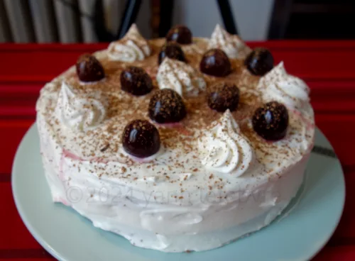 You are currently viewing Classic Black Forest cake: sponge cake, whipped cream and cherry