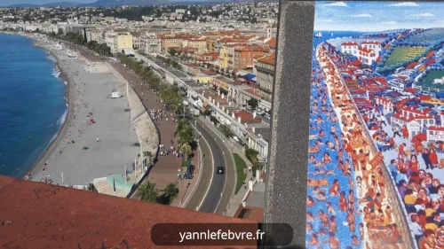 Plunging view of the Bay of Angels from the Bellanda Tower to Nice Castle.