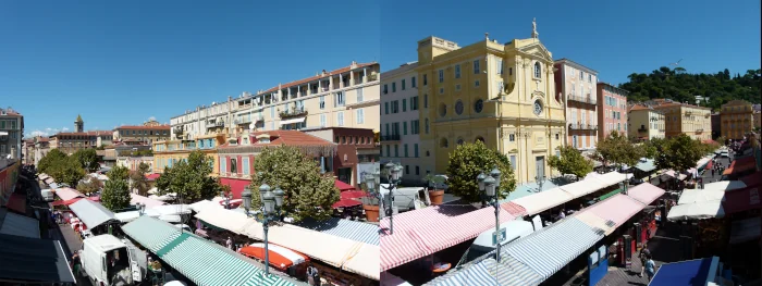 Old Nice: Cours Saleya: east & west view montage on the same image by Yann Lefebvre