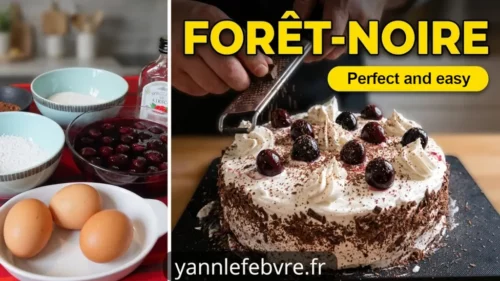 Classic Black Forest cake: sponge cake, whipped cream and cherry